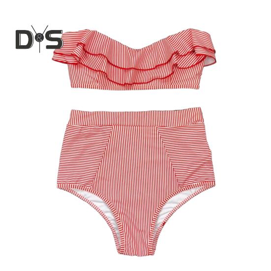 2Pcs/Set Women Bikini Set Ruffle Trim Bandeau Padded Push-Up Bra High Waisted Briefs Set Striped Print Beachwear