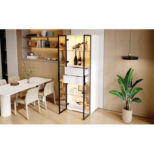 60*40*160cm Display Cabinet, Tempered Glass Door Tall Cabinet with LED, 2 Glass Shelves and 2 Drawers, Storage Showcase for Living Room