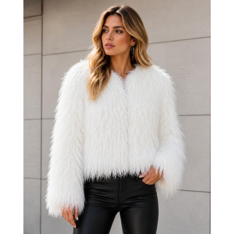 Womens Winter Faux Fur Jacket Loose Short Round Neck Long Sleeve Coat Multiple Colors