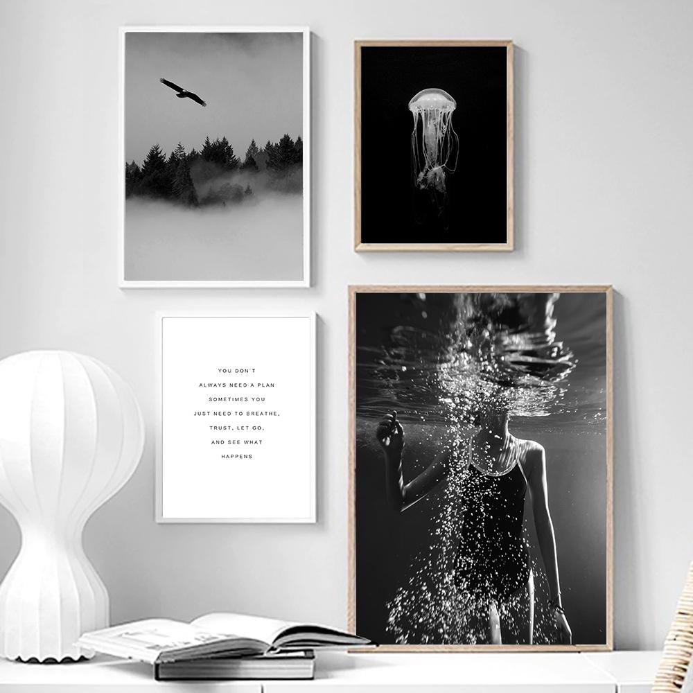 Пейзаж, холст, картина, лесной орел, черный, белый цвет, пейзаж, природа, медуза, цитаты, постеры, скандинавское настенное искусство, домашний декор для комнаты