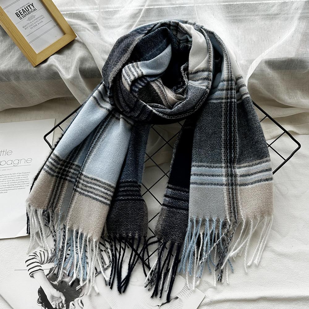 Extra Long Imitation Cashmere Plaid Scarf for Women Winter Fashion Tassel High End Shawl Literary Men's Scarf