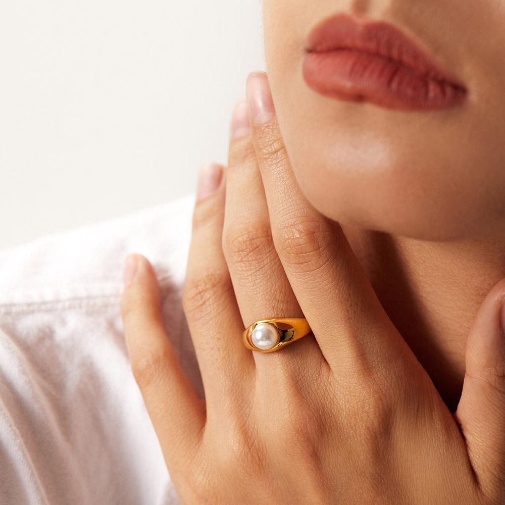 Chic Single Pearl Ring Chunky Stacking Finger Ring Simple Minimalist Couple Anniversary Jewelry
