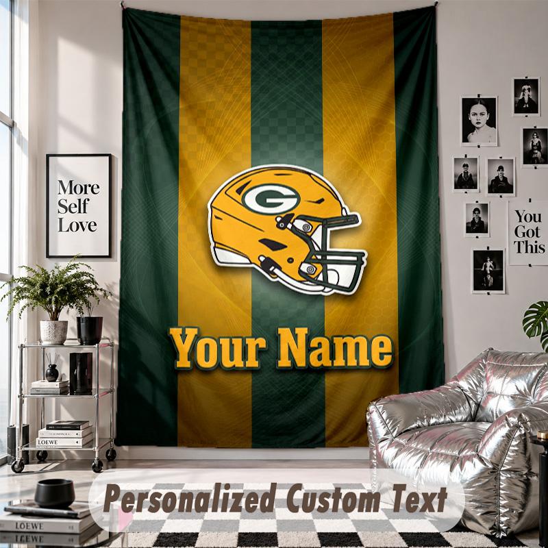 Wall Hanging Tapestry With Custom Name & Text, Green Bay Packers Decorative Tapestry For Bedroom