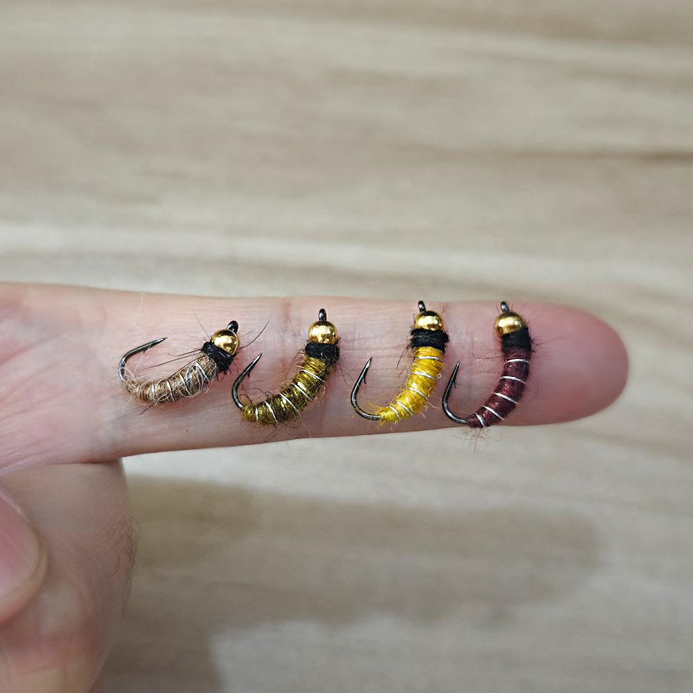 6/8 шт. 2 размеров Нимфа личинки ручейника с головкой из бусинки Реалистичный жук-бокоплав Червь для ловли форели и хариуса (Крючок с бородкой, Быстро тонущий)