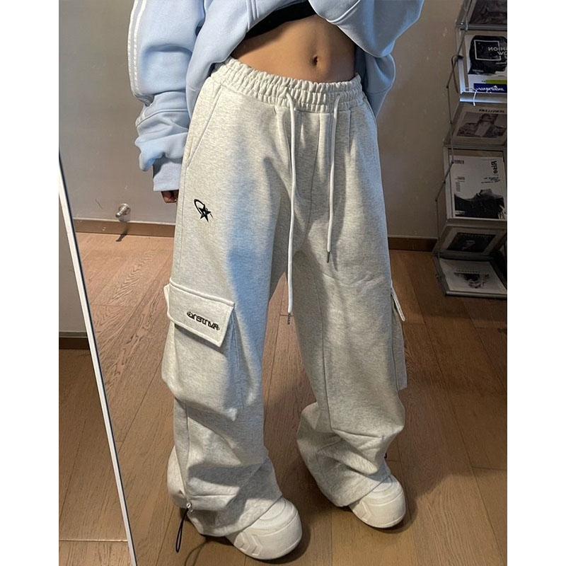 Женская одежда, винтажные мешковатые спортивные штаны, брюки-карго, серые, весенне-осенние, новые прямые повседневные брюки с широкими штанинами, большой карман, 2024