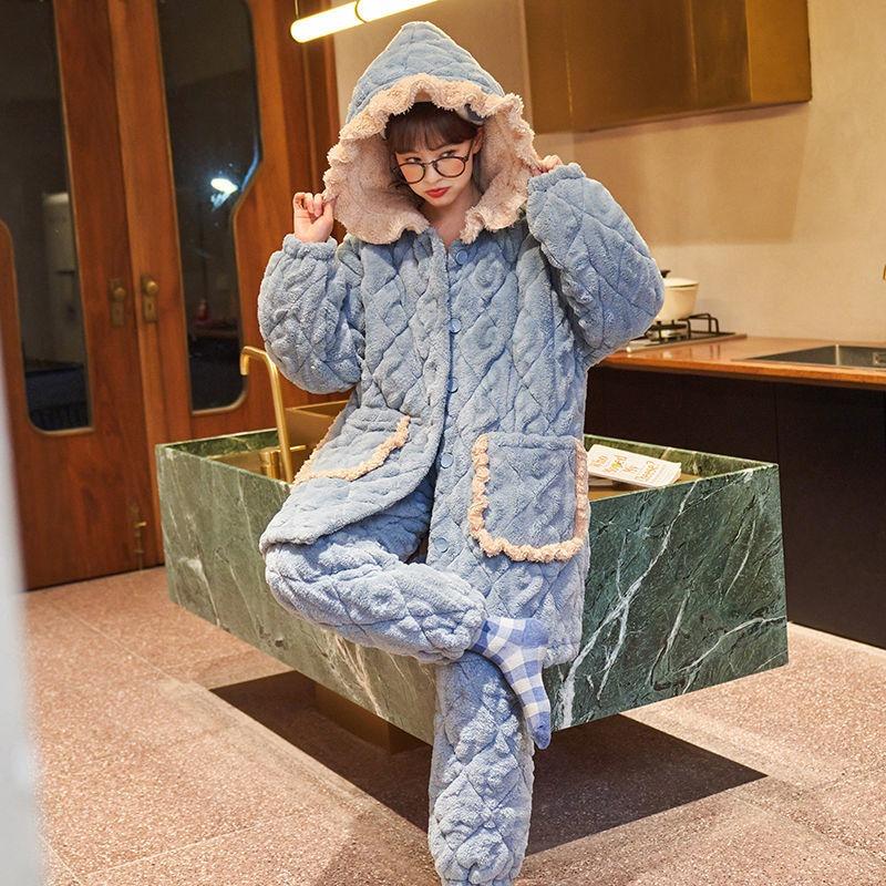 New Coral Fleece Pajamas Women's Autumn and Winter Pajamas Three Layers Thickened Plush Home Clothes Warm Cotton Home Clothes Set
