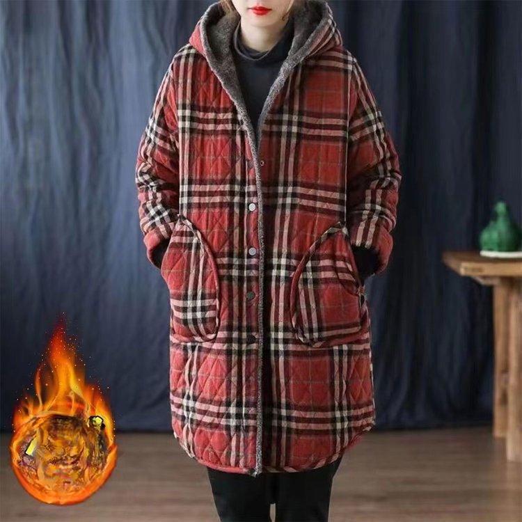 Winter Jacket Plus Velvet Thick Padded Jacket Women's Literature and Art Plus Size Women's Hooded Padded Jacket Plaid Padded Jacket Women