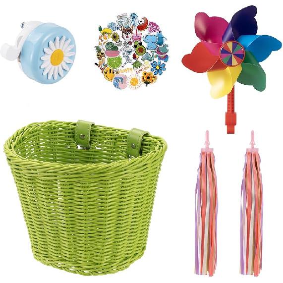Детская корзина для велосипеда, Передняя корзина для велосипеда, Аксессуары для велосипеда для девочек и мальчиков, Плетеная корзина для велосипеда с наклейками, Велосипедный звонок, Ветряк и 1 пара цветных