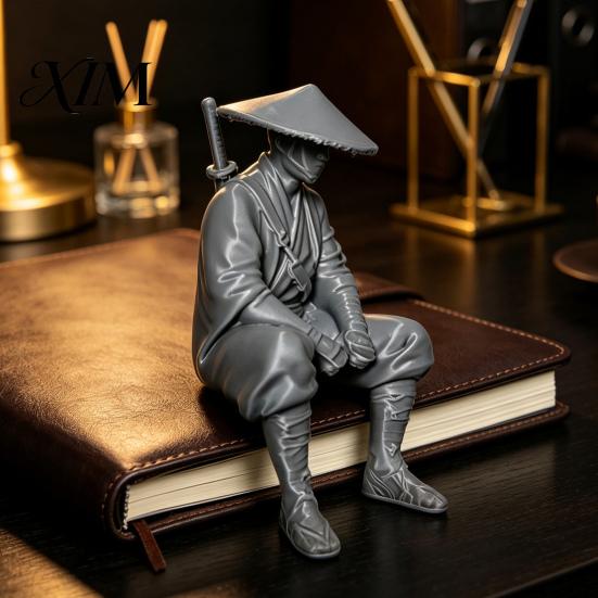 Atmospheric Retro Room Decor 3D Printed Ancient Chinese Hermit Warrior Figurine, Swordsman Statue with Bamboo Hat, Desktop Archeology Rack Mini