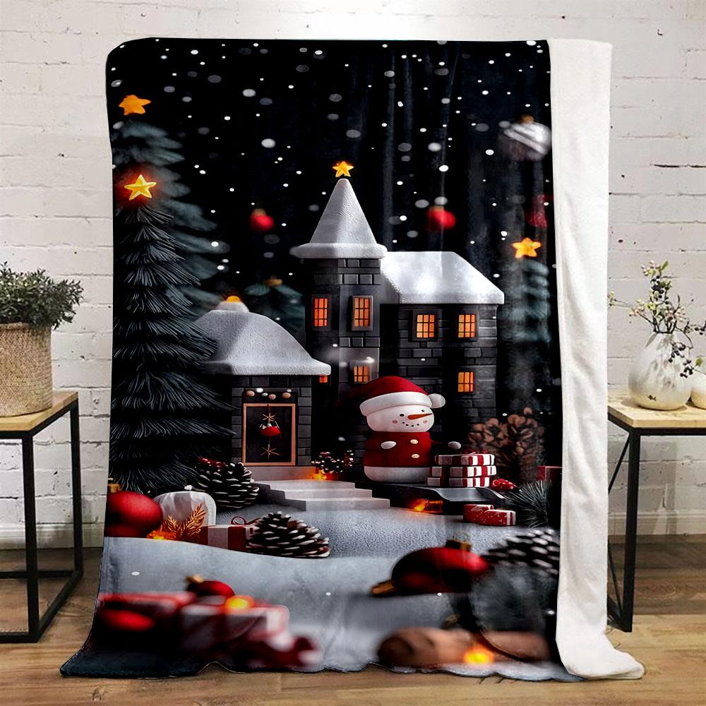 Snowman and Gifts by a Cozy Winter House Patterned flannel blanket perfect for the bedroom living room, sofa, or a little nap
