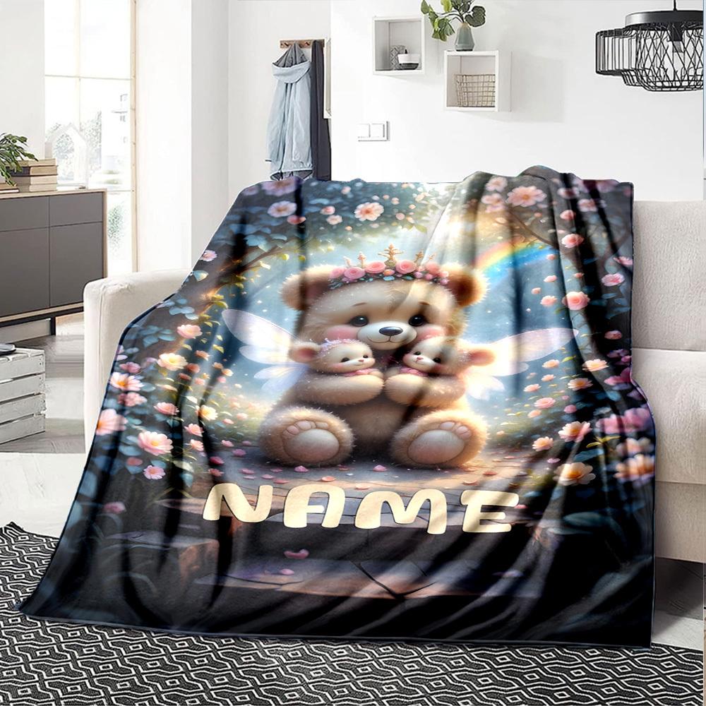 Cute Teddy Bears With Fairy Wings In A Magical Garden With Flowers And A Rainbow Cozy Customizable Blanket Personalized Name Soft Warm Cozy Suitable