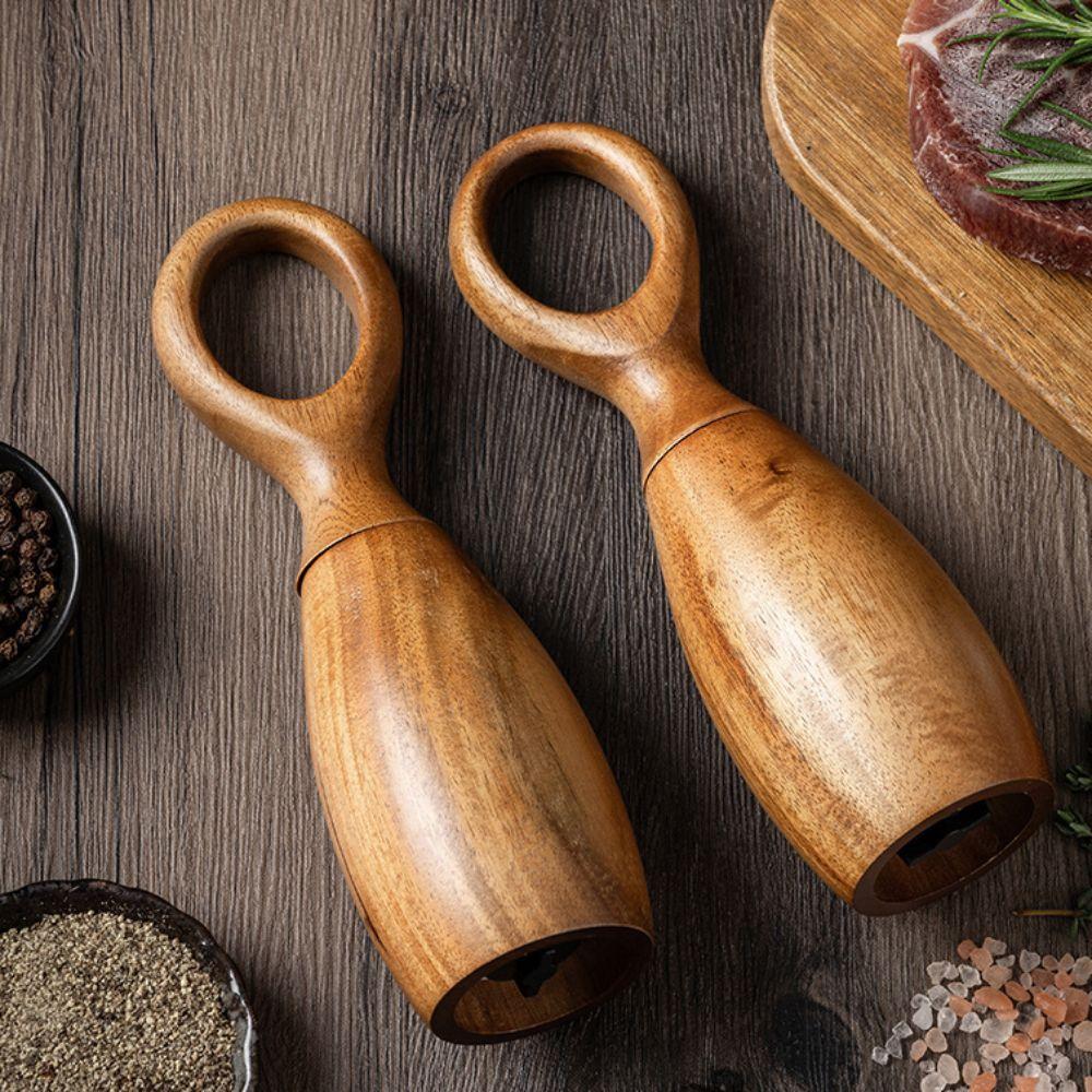 2pcs with Storage Base Acacia Wood Pepper Grinder Adjustable Particle Size Pepper Mill Restaurant