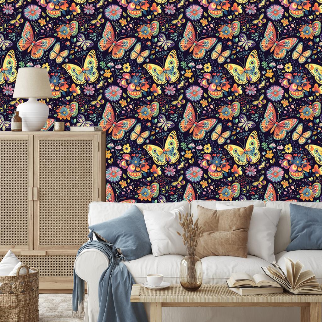 Colorful Indigo and Navy Blue Butterflies Wallpaper for Living Room and Bedroom 50x1000