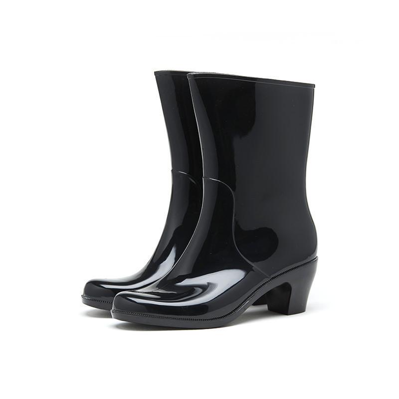 Женские высокие резиновые сапоги до середины икры на каблуке: Водонепроницаемые резиновые бахилы с флисовой подкладкой для тепла