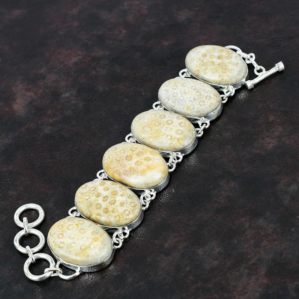 Браслет из ископаемого коралла Браслет из драгоценного камня Браслет из стерлингового серебра 925 пробы Регулируемый браслет-цепочка ручной работы Ювелирные изделия из ископаемого коралла Подарки для женщин