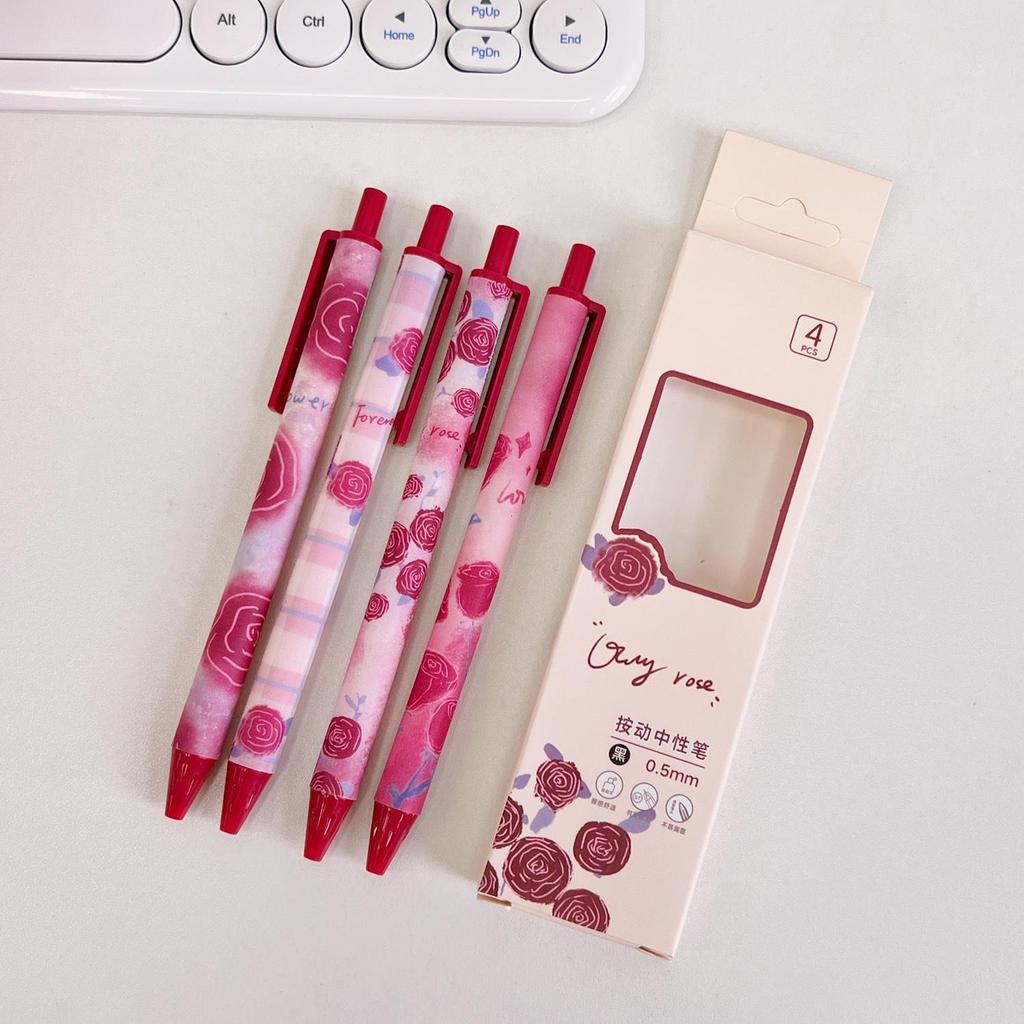 4 шт./компл., милая черная гелевая ручка, очаровательная гелевая ручка Ins с корейским цветочным рисунком, 0,5 мм, гелевая ручка Kawaiii, ручка для дневника, блокнота, тестовая бумага, школьные принадлежности