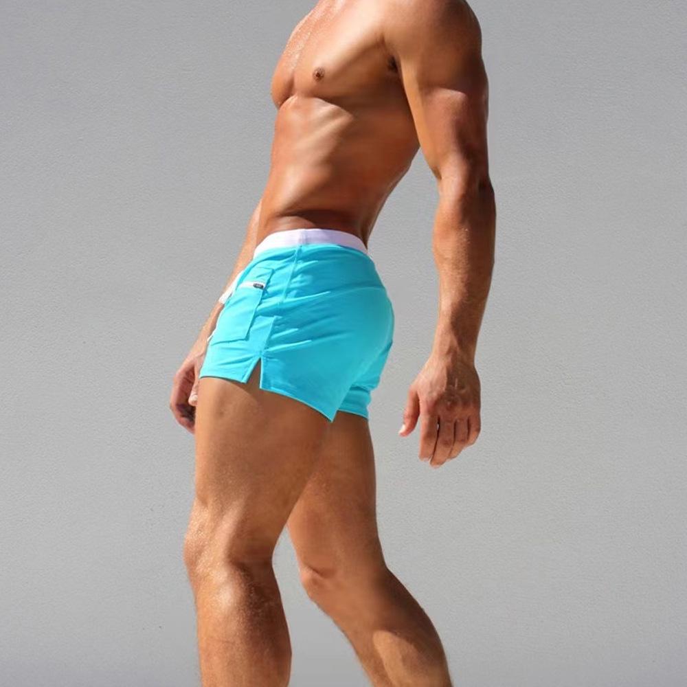 2023 Men's High-Waisted Square Leg Swim Trunks - European & American Fashion, Solid Color, Drawstring, Five-Point Casual Style.
