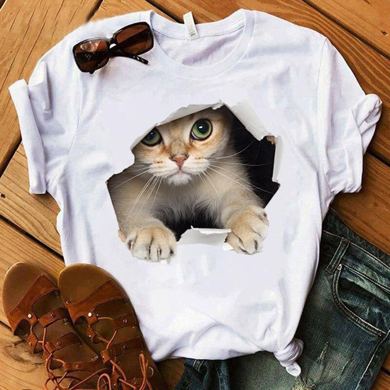 Cute Cat Print T-shirts For Women Summer Lovely Short Sleeve Casual Round Neck T-shirts Ladies Creative Personalized Tops