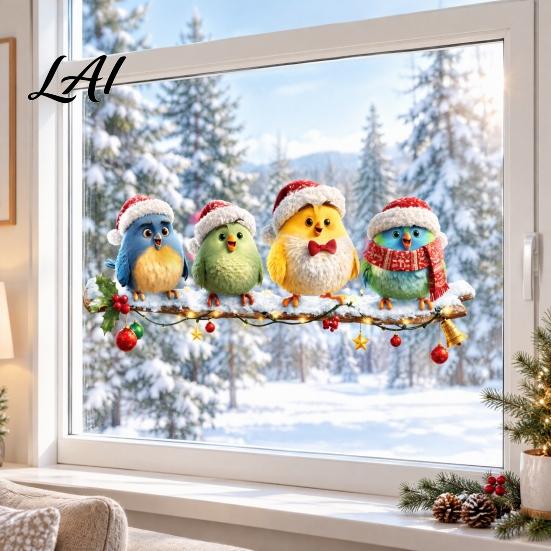 Winter Scene Stickers Christmas Bird Window Clings Colorful Static Glass Decals with Snowman for Xmas No Glue Art Party Home Decor Reusable Seasonal