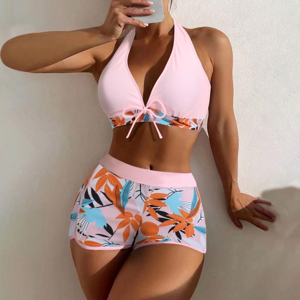 Women's Paneled Printed Swimsuit Ladies Fashion Sexy Split Boxer High Waist Swimsuit Two-Piece Set V-Neck Bathing Suits Female