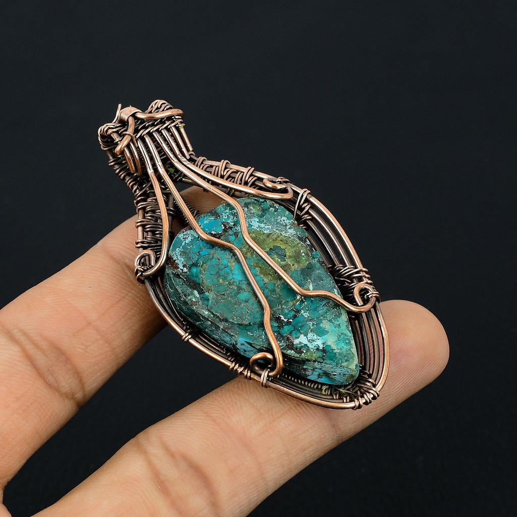 Tibetan Turquoise Pendant, 999 Copper Wire Wrapped Gemstone Jewelry, Handmade Pendant, For Thanksgiving