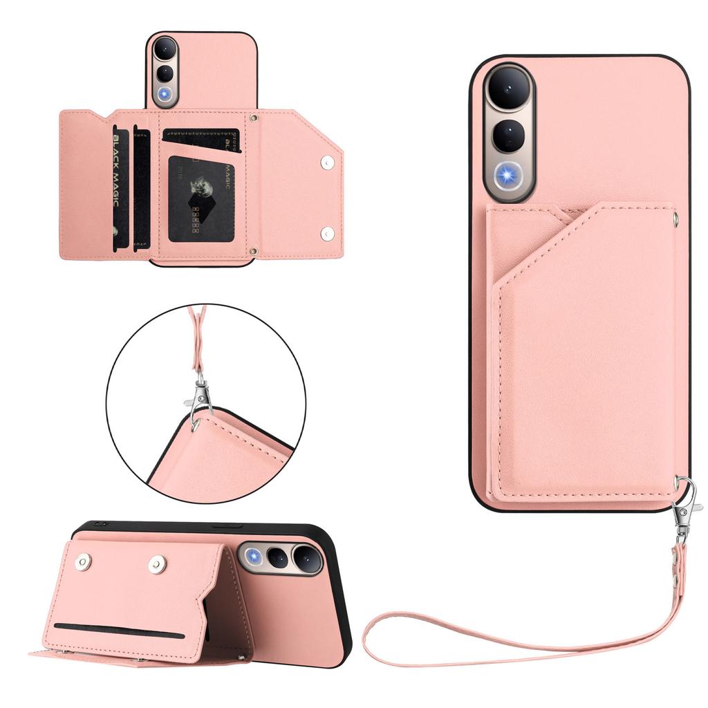 For Vivo V50 Lite 5G Case Card Holder Kickstand Skin-Touch Phone Cover with Wrist Strap