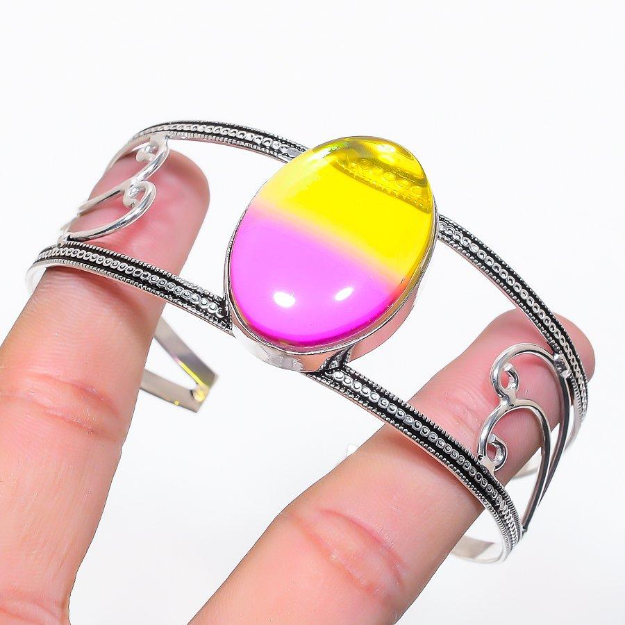 Natural Bi-Color Tourmaline Gemstone 925 Sterling Silver Cuff Bangle Adj H6G01