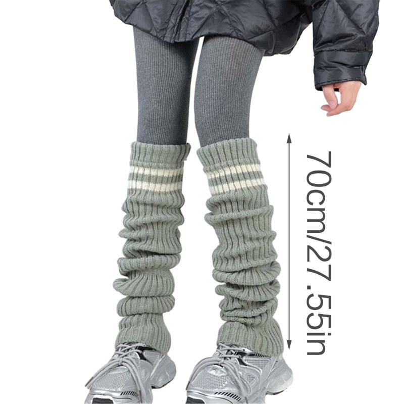 Women Thicken Ribbed Knit Leg Warmer Preppy Style Double Striped Leg Covers Snow Boot Cuffs Over Knee Stacked Long Socks