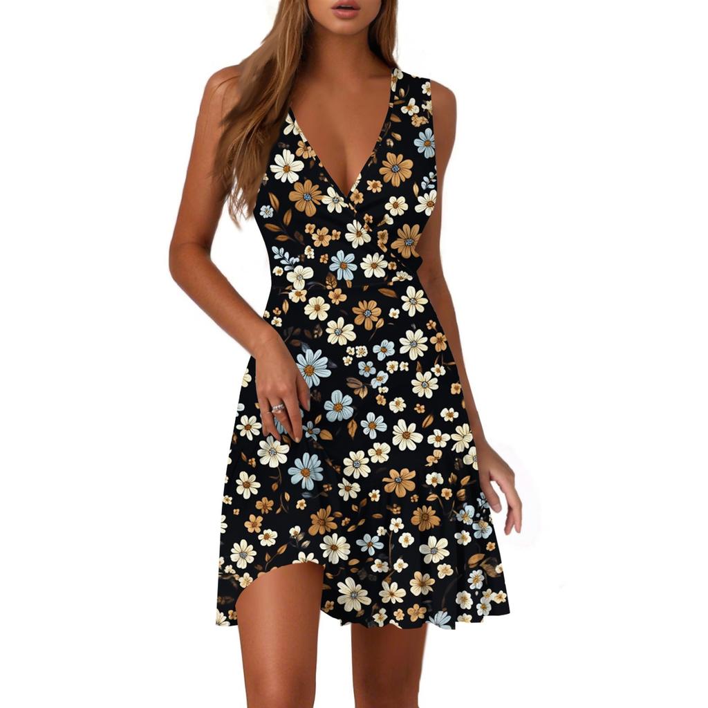 Ladies Casual Fashion V-Neck Sleeveless Print Dress