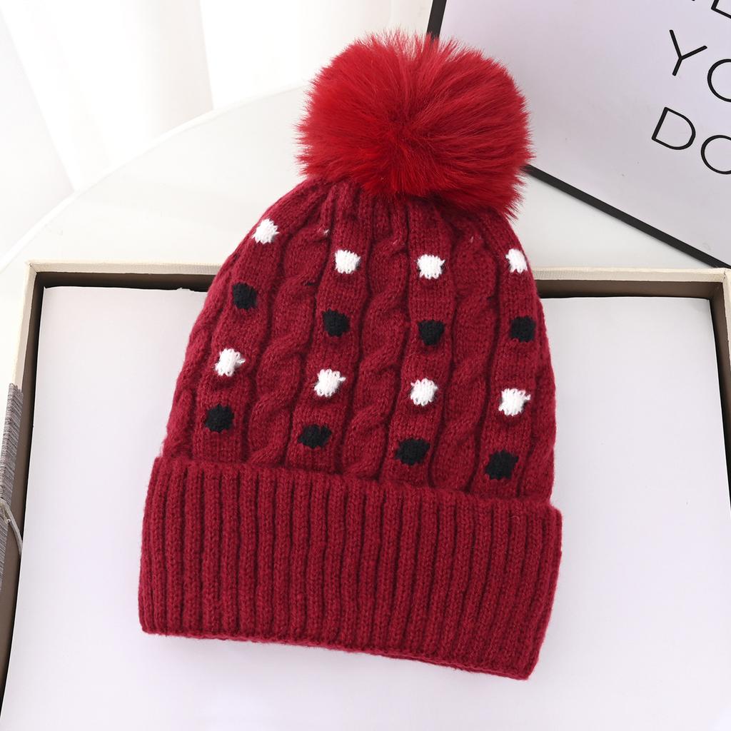 New winter hairball cap children's versatile polka dot knitted pullover wool cap fleece ear protector windproof warm hat moisture