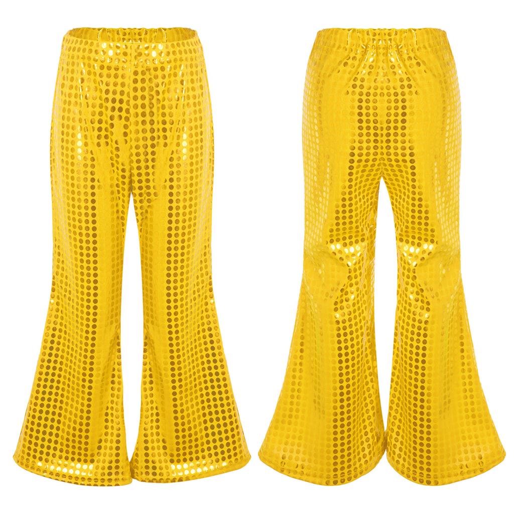 Детские расклешенные брюки для мальчиков и девочек, блестящие брюки с эластичной резинкой на талии и расклешенным низом для джазовых диско, брюки для современного танца на сцене