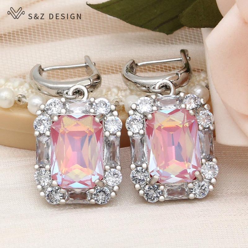 Fashion Rectangle Crystal Drop Earrings For Women Rose Gold Color Wedding Jewelry Cubic Zirconia Eardrop