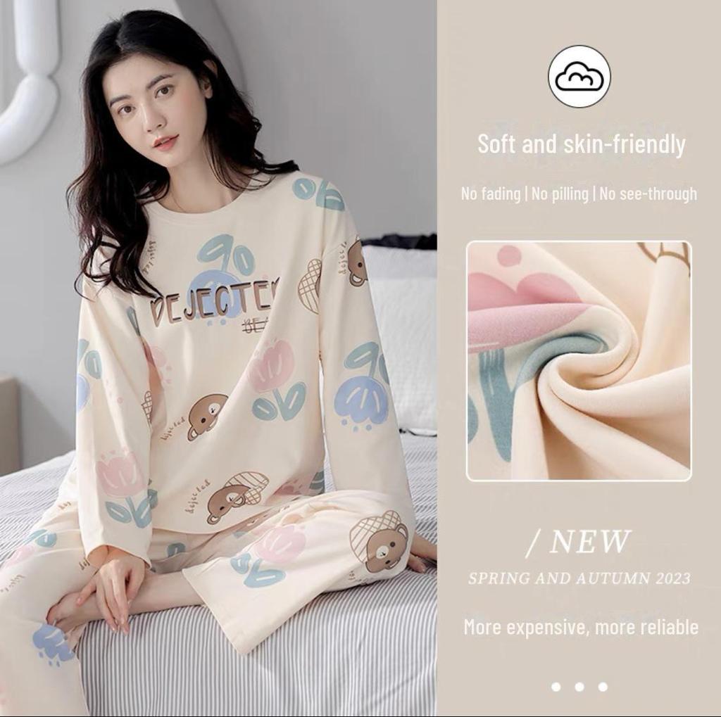 Женский пижамный комплект с рисунком и нагрудными накладками - длинный рукав и брюки на весну/осень - свободный, удобный, можно носить на открытом воздухе