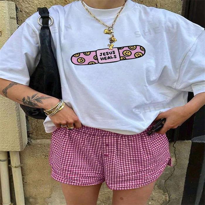 Летний топ с круглым вырезом и принтом, модные повседневные милые женские футболки из чистого хлопка с короткими рукавами