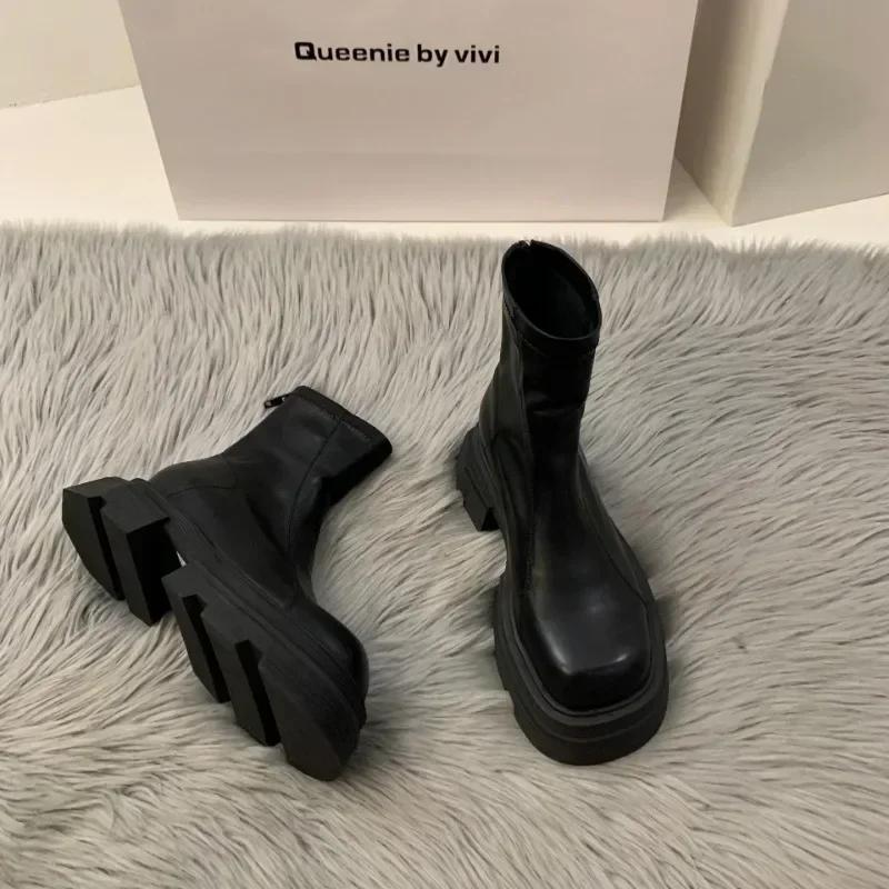 Fashion 2024 Autumn Chunky Women Ankle Boots Fashion Zippers Square Head Thick Bottom Shoes Ladies Elegant Morder Short Boot Goth Shoe