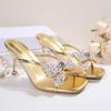 Роскошные золотые блестящие шлепанцы с украшением в виде банта, женские сандалии с сетчатыми ремешками, женские 2025, летние, сексуальные туфли на высоком каблуке для вечеринок