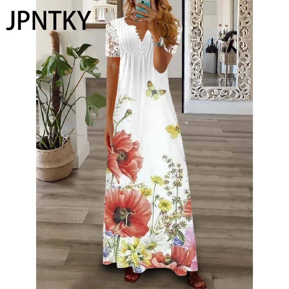 JPNTKY Women's Fashion Summer Spring Short Sleeve V-Neck Casual Dresses