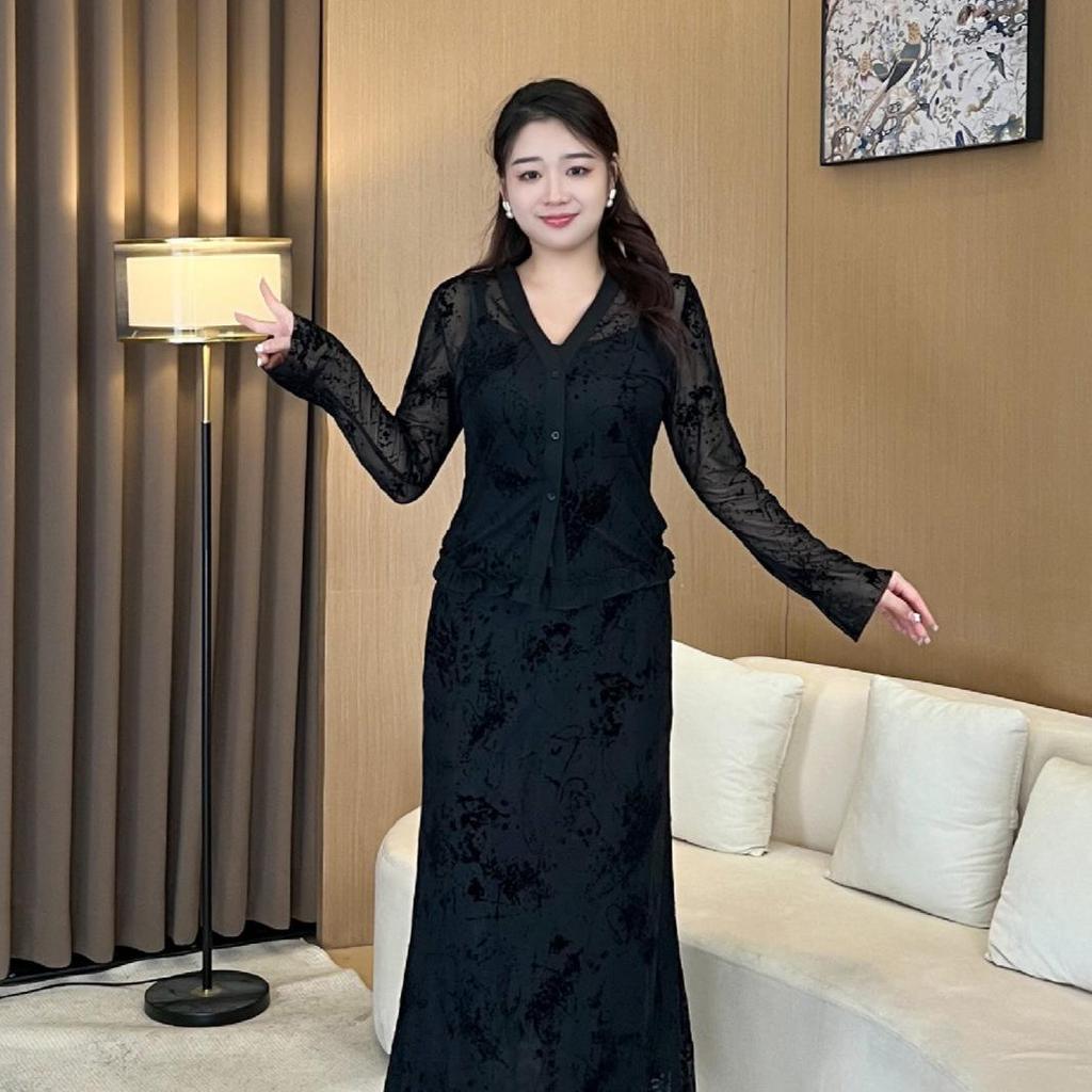 Комплект женский кружевной шаль с длинным рукавом, майка и юбка миди большого размера - Новая весенняя мода