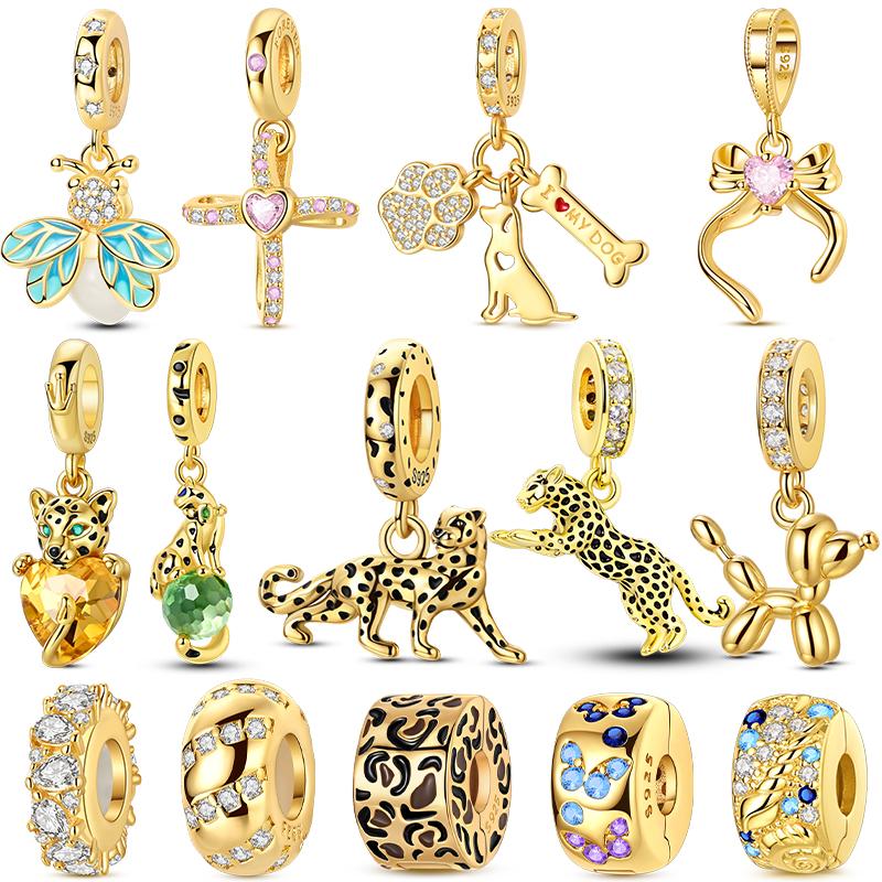 Original 925 Silver Gold DIY Charms Beads with Zirconium Sun Leopard Pendants for Bracelet Jewelry Making
