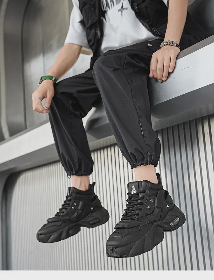2024 Men's White High-Top Shoes with 12cm Invisible Height Increase, Air Cushion, Thick Sole, Fashionable Dad Sneakers