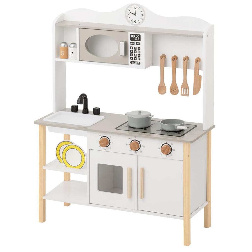 Bon Furniture Деревянный Широкий Игровой Кухонный Набор с Обучающими Мини-Кухонными Принадлежностями Белого Цвета, Микроволновкой, Раковиной, Игрушкой, Игрушкой, Кухня, Для Детей