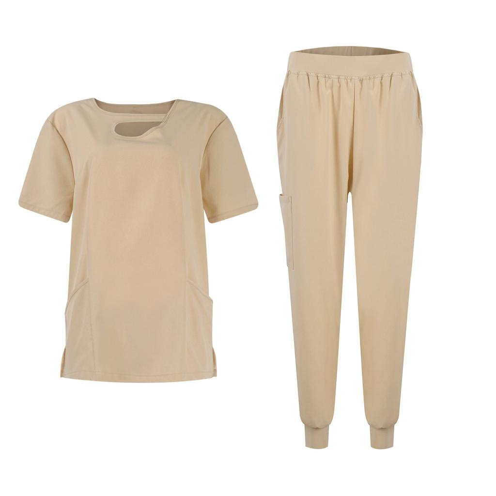 Женская униформа из быстросохнущей ткани, однотонный костюм с V-образным вырезом, двойными карманами и короткими рукавами, рабочая одежда для медсестер