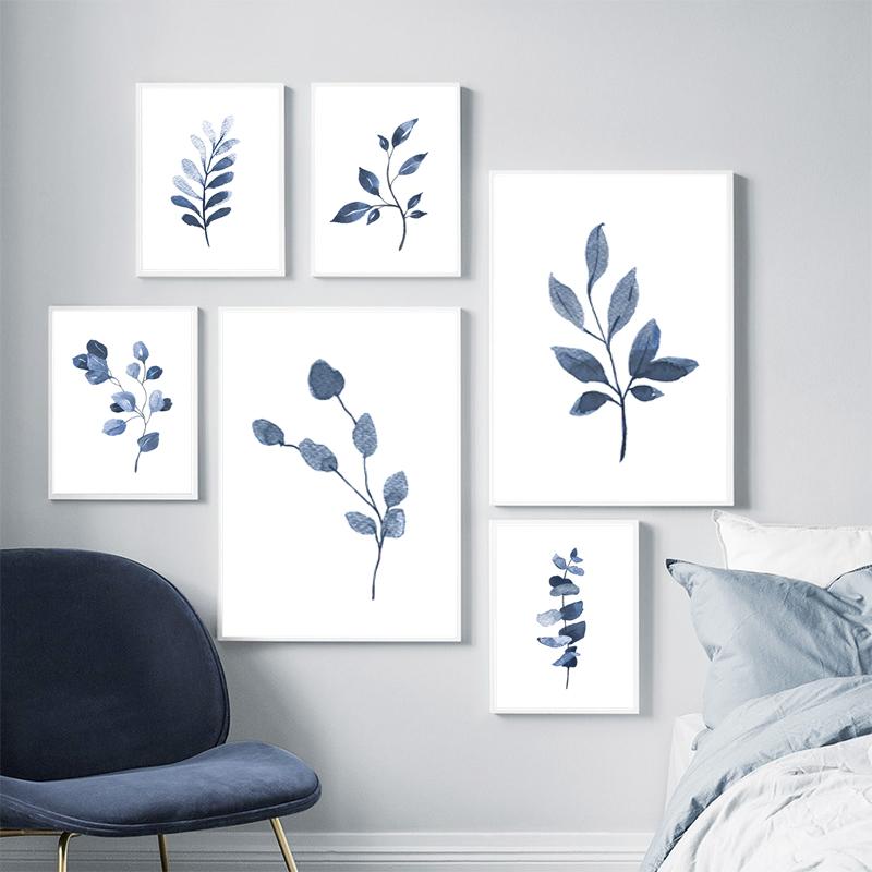 Branches and Leaves Canvas Painting Indigo Blue Botanical Posters and Prints Navy Blue Wall Picturefor Living Room Home Decor