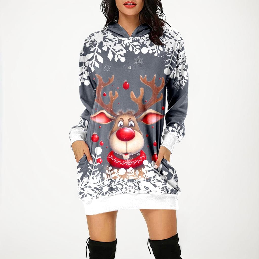 Women's Fashion Loose Casual Pocket Long Sleeve Hoodie Christmas Printed Sweatshirt Top