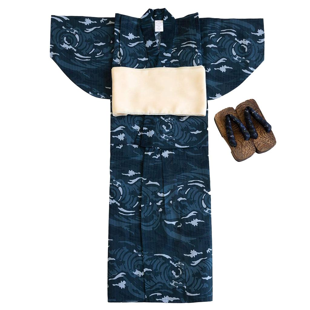 Yukata Change Set Heiko Boys X Blue Heigo Obi [KYOETSU] Set, Weave, 3-piece (yukata, Obi, Geta) (110, 1-wave + Kinari)
