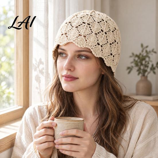 Knitted Hat for Women Hand-Crocheted Hollow Hat Vintage Style Breathable Soft Polyester Elastic Wavy Lace Brim Face Modifier Cap Lightweight