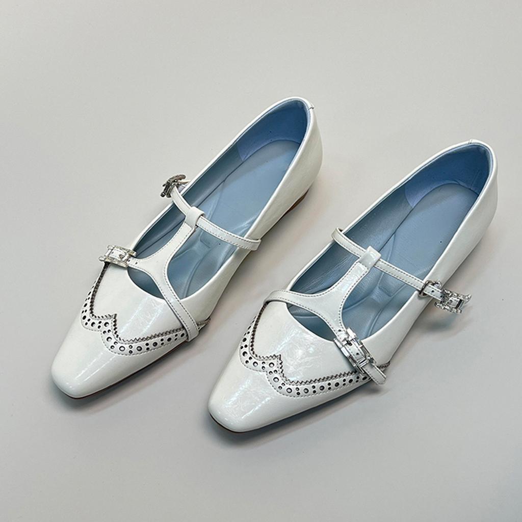 Sheepskin Version~ New Niche Design H-buckle Shallow Mouth Mary Jane Shoes Square Head Inner Height Increase Leather Shoes Engraved Single Shoes