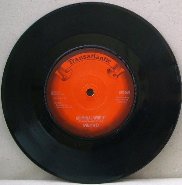 7-дюймовая пластинка МЕТРО (6) - Criminal World / Precious BIG560 Transatlantic R 1977 UK Rock Б/у