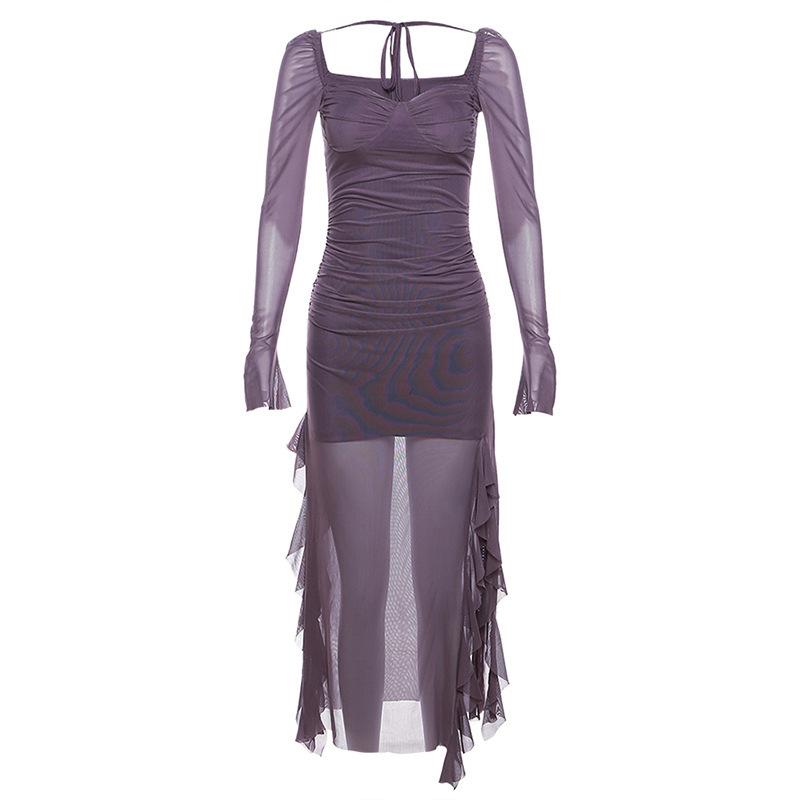 Winter Party Queen Purple Mature Sexy Beautiful Confident Elegant Graceful Women'S Translucent Thin Straight Dress