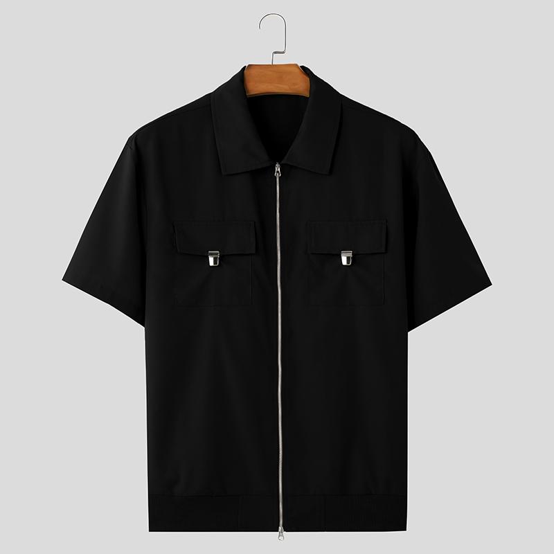 INCERUN Мужские повседневные рубашки-карго с воротником-лацканами и коротким рукавом на молнии